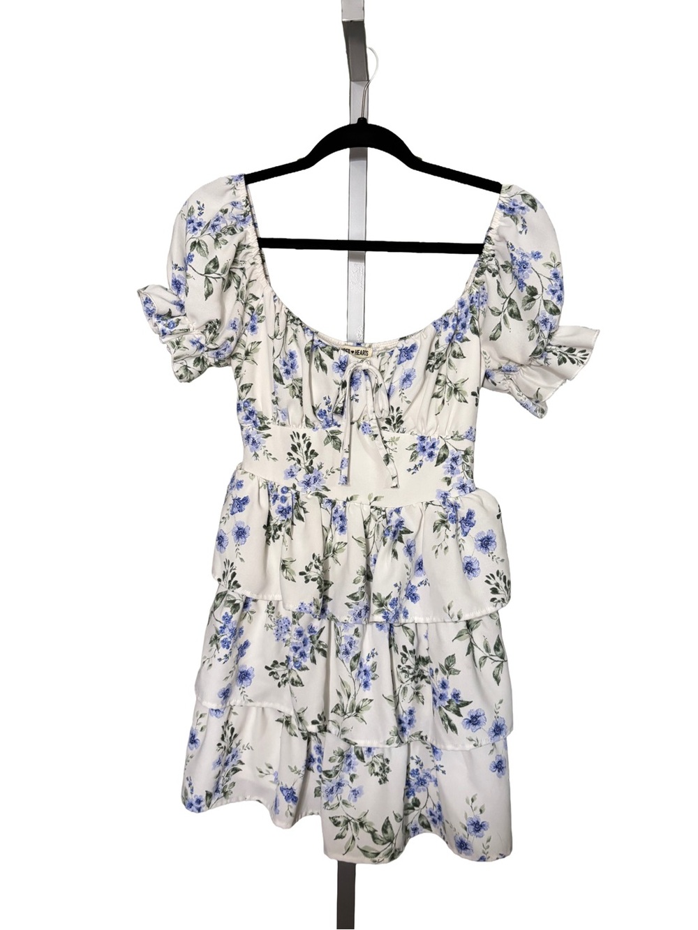 Inspired Hearts White Mini Dress with Blue Floral Print